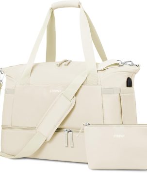 Gym Bag for Women, Personal Item Travel Bag with Shoes Compartment, Weekender Overnight Duffel Bag with Wet Pocket & USB Charging Port, Carry On Bag for Women, Travel, Gym, Weekend (Beige)